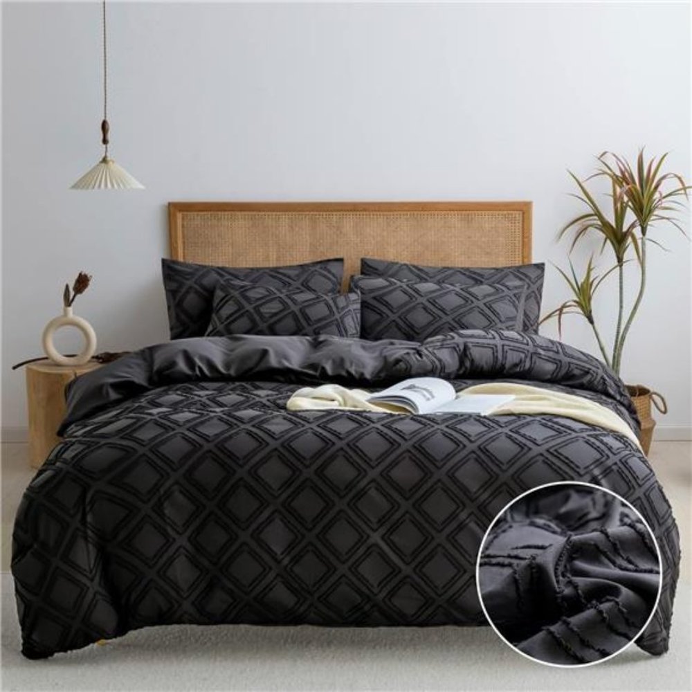 Duvet Cover 3 Pieces Black Microfiber Tufted Duvet Cover Set -